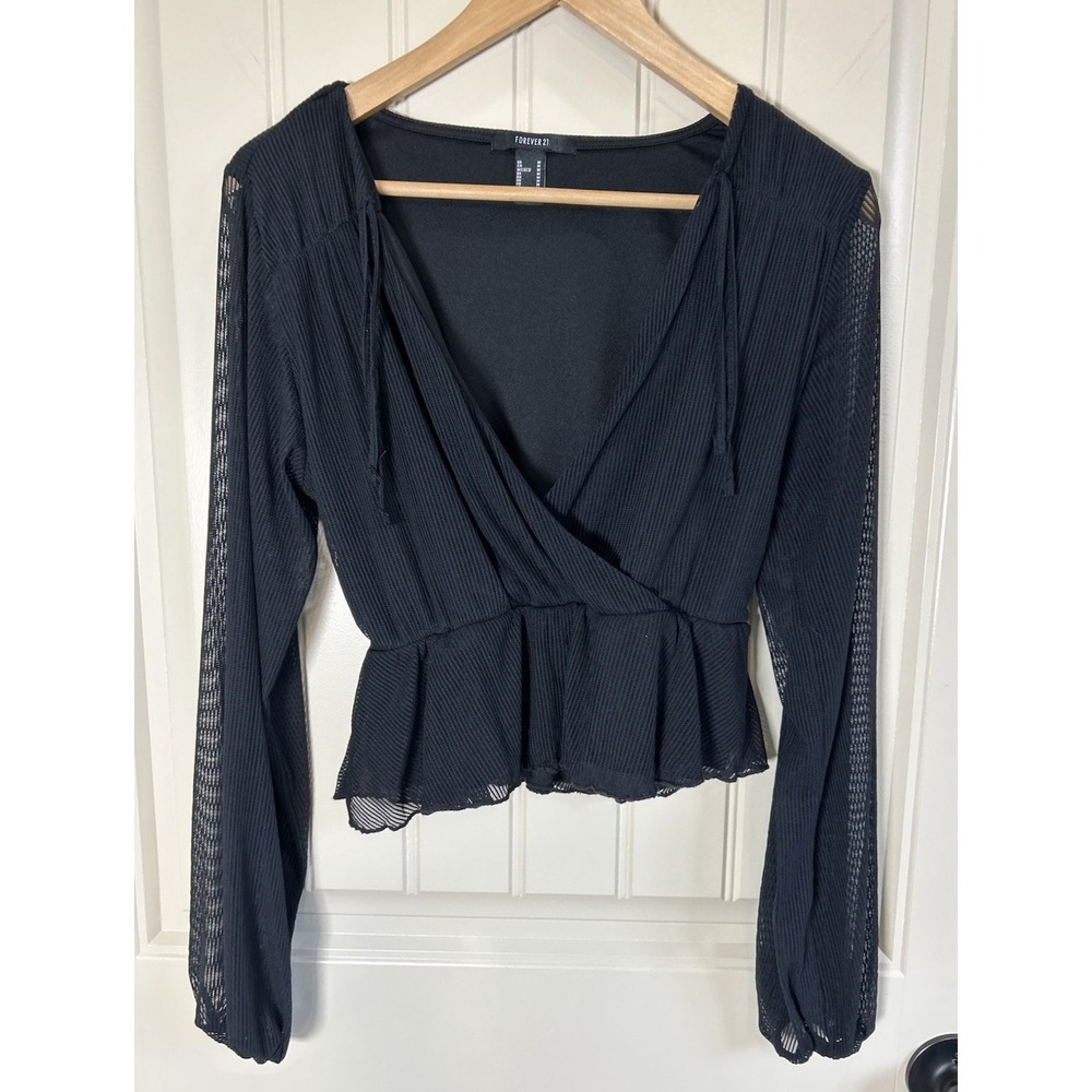 Forever 21 Women's Black Top Size M Sheer Mesh Sleeves Pleated Wrap Front Boho
